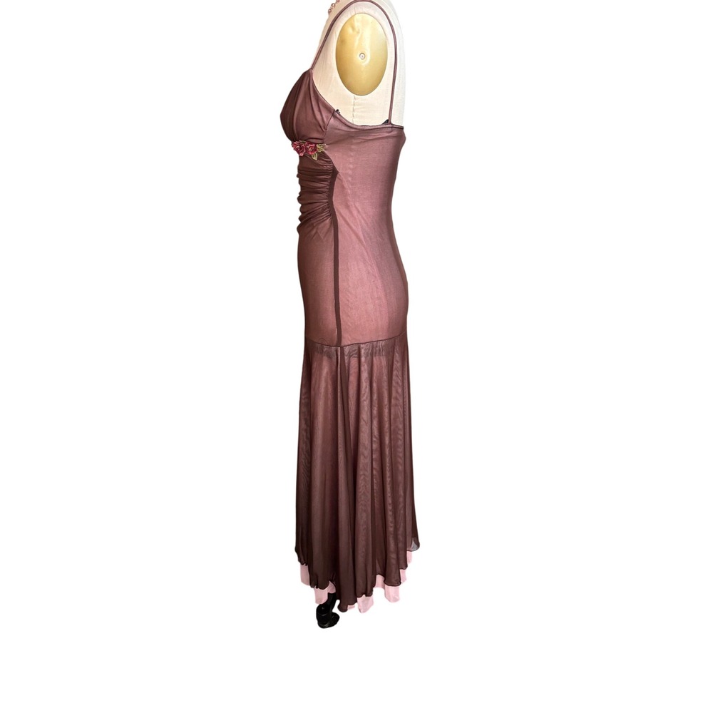 Y2K CityTriangles Embroidered Ruched Mesh Mermaid Maxi Dress S Brown Pink - Picture 7 of 10